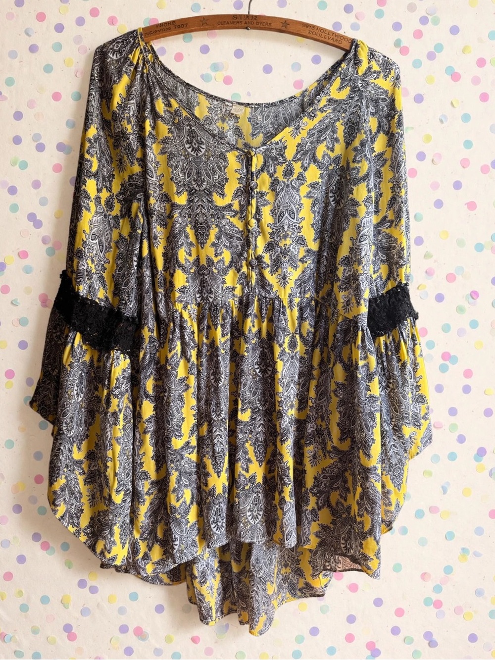 Boho Yellow & Gray Paisley Peasant Top with Lace Trim